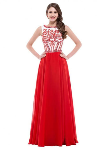 A-line Long Red Beaded Chiffon Prom Dress OK3