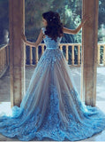 A-Line Blue Sleeveless Tulle Wedding Dress With Chapel Train OK202