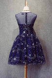 A Line Knee Length Beading Royal Blue Homecoming Dresses,Short Shiny Prom Dresses OK489