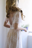 Romantic A-line Backless Lace Short Sleeves V Neck Long Wedding Dresses OKA52