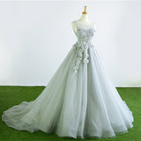 Gray Tulle Court Train Long Evening Prom Dress With Flowers OK942