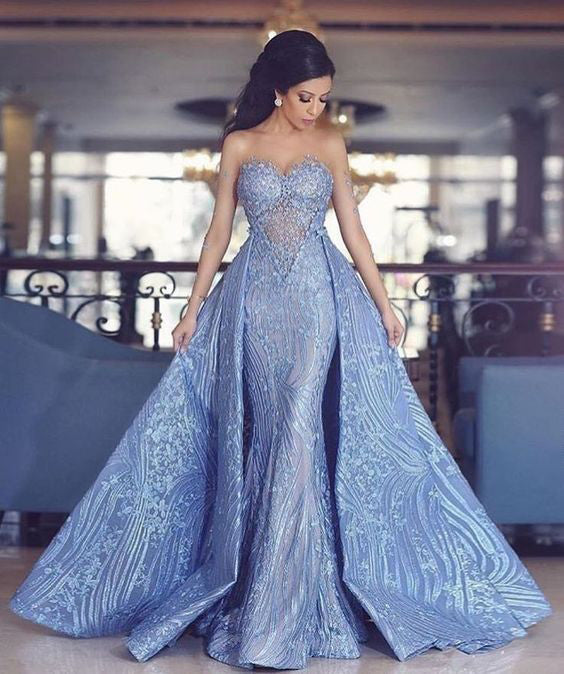 Elegant Sweetheart Mermaid Prom Dresses With Detachable Train,Fashion Blue Evening Dresses OK872