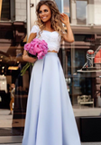 New Light Blue Satin 2 Pieces Lace Top Floor Length Prom Dress OK891