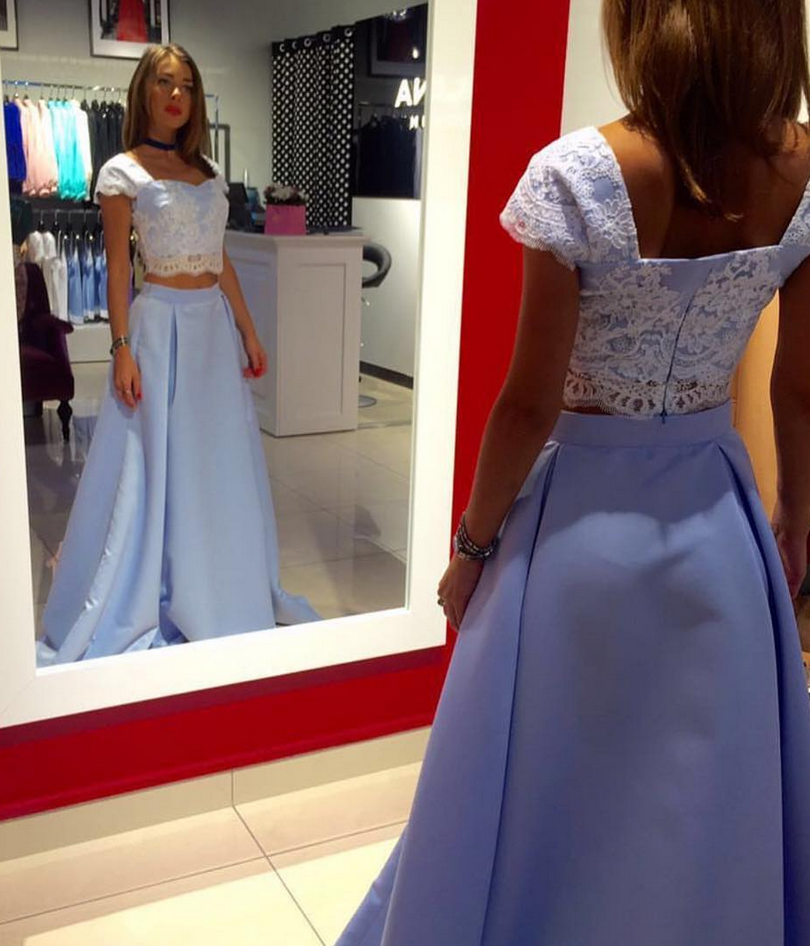New Light Blue Satin 2 Pieces Lace Top Floor Length Prom Dress OK891