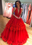 Ball Gown Prom Dresses,Deep V Prom Gown,Layered Prom Dress,Red Prom Dresses