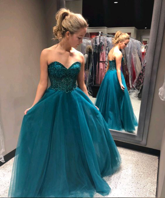 Sweetheart Beading A-Line Long Blue Tulle Cheap Prom Dress OK957