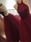 Burgundy Halter Beaded A Line Sleeveless Tulle Long Prom Dresses OK992