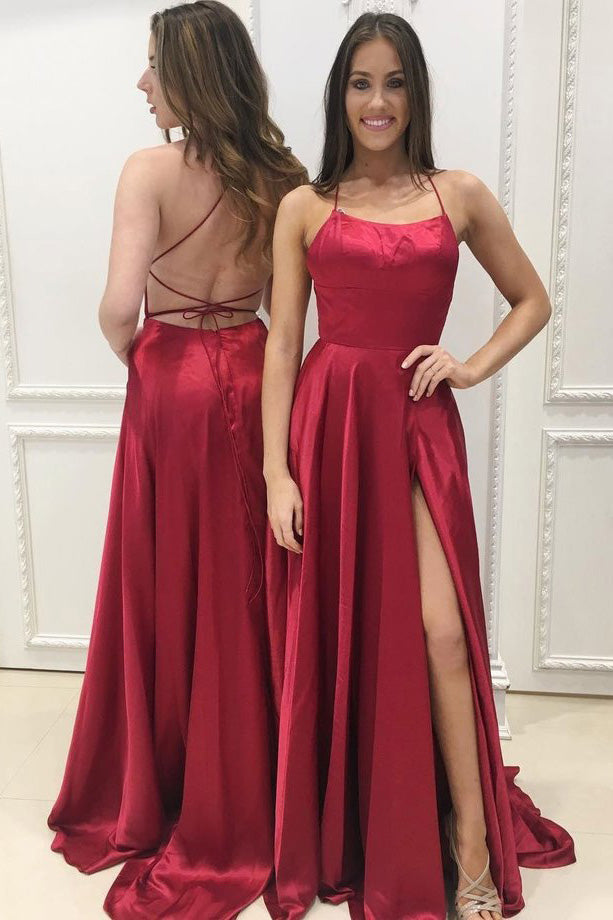 Burgundy Spaghetti Straps Prom Dress with Slit Sexy Long Evening Dress OKJ86