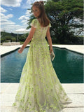 A Line Lace Cap Sleeve Daffodil Tulle Long Prom Dresses with Appliques OKE46