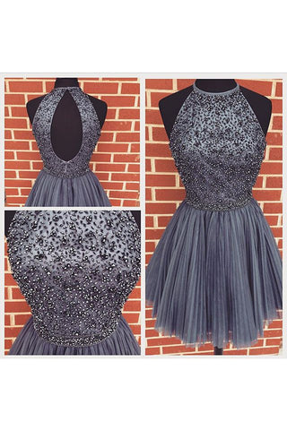 New Arrival Open Back Gray Tulle Short Prom Dress Homecoming Dress OKJ92