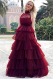Burgundy Tulle Tiered High Neck Long Elegant Prom Dress OKG15
