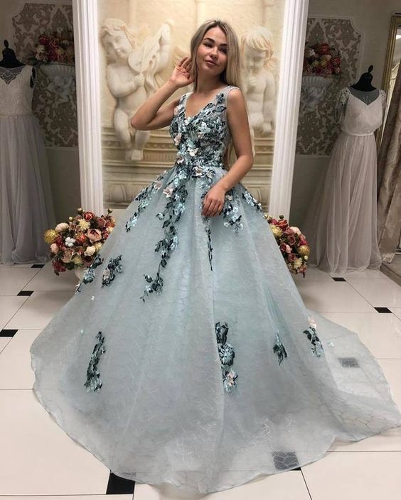 A Line V Neck Long Prom Gowns With Appliques, Formal Evening Dress OKL31