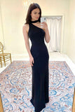 Sheath Halter Black Long Elastic Satin Sexy Evening Prom Dress OKX95