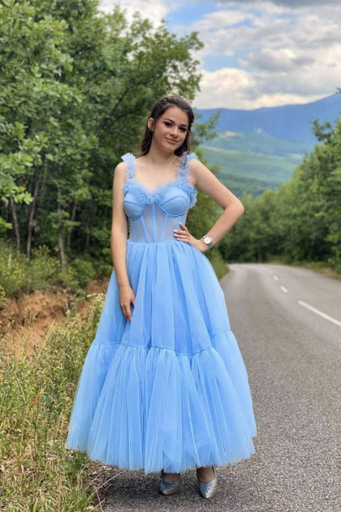 Sky Blue Straps Tulle A-line Prom Dress Sweetheart Homecoming Dress OKX63