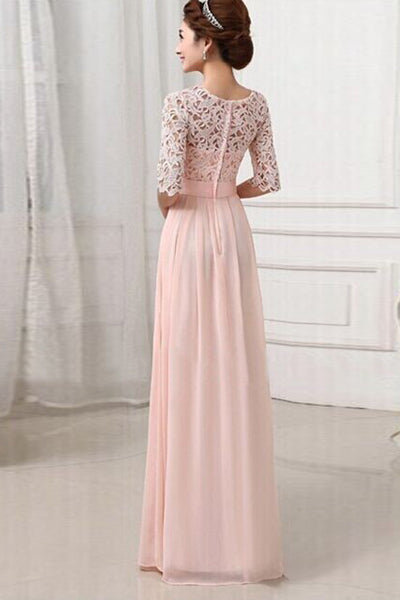 Half Sleeves Pink Long Chiffon Bridesmaid Dress Simple Prom Dress OKO82
