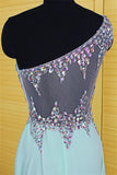 One Shoulder Light Sky Blue Long Beaded Chiffon Prom Dress OK10