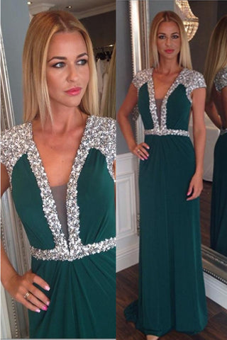 Beaded Dark Green Long V-neck High Low Chiffon Backless Prom Dress K671