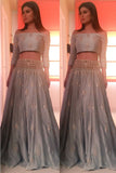 Two Pieces Handmade 3/4 Sleeves Boat Neckline Beading Prom Dress K672