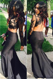Long Sleeves Backless Lace Satin Black Mermaid 2 Pieces Prom Dress K669