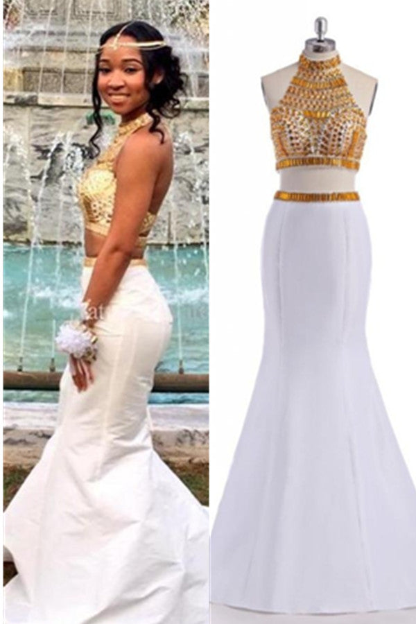 Beautiful White Mermaid Two Pieces High Neck Backless Prom Dress K664