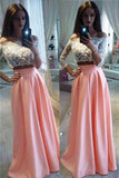 Boat Neckline Pink Handmade Long Lace 3/4 Sleeves Two Pieces Prom Dress K666
