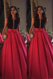 Modest Red Beading Long A-line Satin Prom Dresses Evening Dress Party Dresses K665