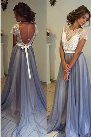 A-line Long Blue Open Back Lace Tulle Simple Cheap Beautiful Prom Dress K658