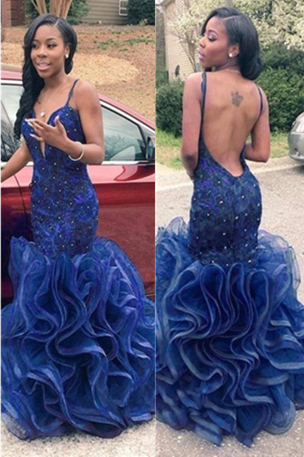 Gorgeous Blue Mermaid Long Open Back Spaghetti Straps Beading Prom Dress K656