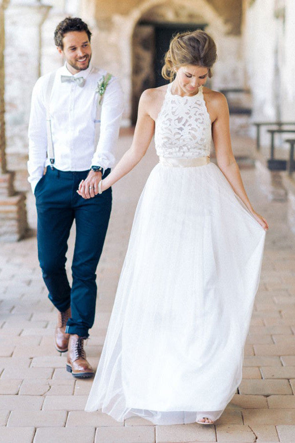 Simple Jewel Sleeveless Long Lace White Tulle A-line Wedding Dress OK164