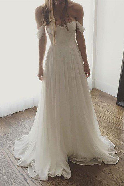 Ivory Chiffon Long Off The Shoulder Wedding Dress, Simple Long Prom Dress OK169