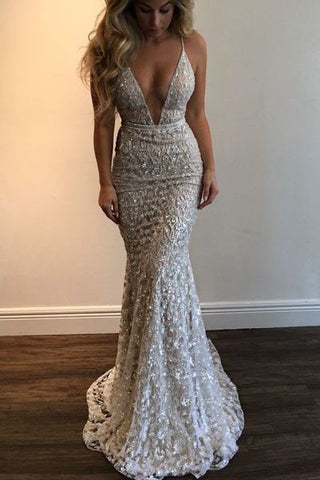 Mermaid Spaghetti Straps Prom Dress,Beading Lace V-neck Prom Dress Sexy Wedding Dress OK171