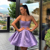 Purple A-line Satin Short Homecoming Dress Spaghetti Straps Simple Prom Dress OKX45