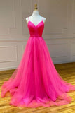 Hot Pink A Line Tulle Prom Dress Long Formal Dress Evening Dress Dance Dress OK1339