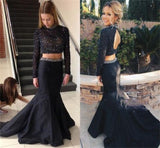 Black Beaded Long Sleeves Two Pieces Mermaid Backless Prom Dress K678