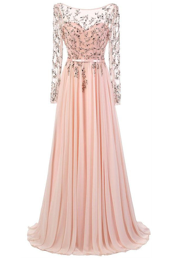 Long Sleeves Lace Pink Chiffon A-line Beading Open Back Prom Dress K692