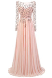 Long Sleeves Lace Pink Chiffon A-line Beading Open Back Prom Dress K692