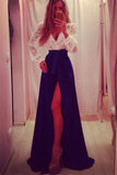 V-neck Long Sleeves Royal Blue Chiffon Lace Elegant Prom Dress K689