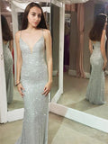 Shiny Mermaid Spaghetti Sheath Silver Long Sexy Prom Dress OKG35