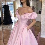 Pink Puffy Sleeves Satin Prom Dress A-line Long Party Evening Dress With Pockets OKV68