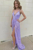 Lilac Deep V Neck A Line Sparkly Prom Evening Gowns Shiny Sequined Long Party Dress OK1413