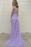 Lilac Deep V Neck A Line Sparkly Prom Evening Gowns Shiny Sequined Long Party Dress OK1413