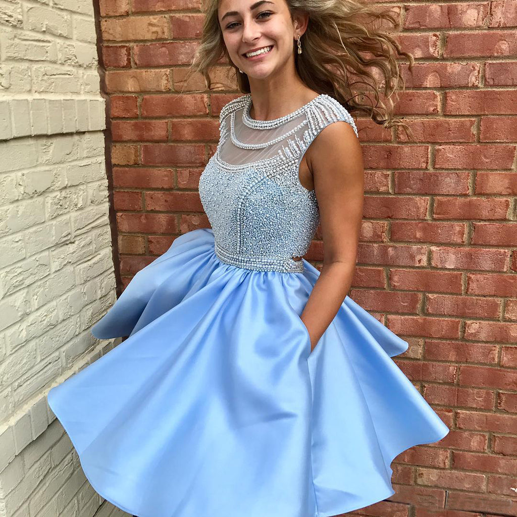 Cute Sparkly Beads Short Blue Open Back Homecoming Dresses with Pockets OK438