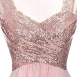 Rose Gold A Line Spaghetti Straps Prom Gowns Backless Sequins Chiffon Bridesmaid Dress OKI10