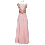 Rose Gold A Line Spaghetti Straps Prom Gowns Backless Sequins Chiffon Bridesmaid Dress OKI10