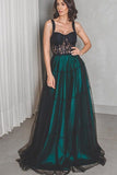 A Line Long Dark Green Black Straps Prom Dress Formal Evening Gowns OKH71