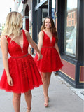 Red Lace Applique Beaded Homecoming Dress V Neck Tulle Short Prom Dress OKO11