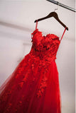 Charming Red Sweetheart Strapless Ball Gown Applique Tulle Long Prom Dresses OKE82