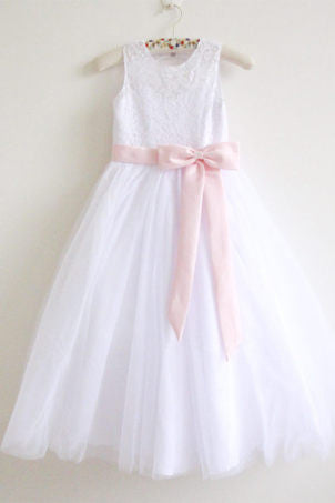 White Lace Flower Girl Dress Pink Sash Baby Girls Dresses Lace Tulle White Flower Girl Dress OK210