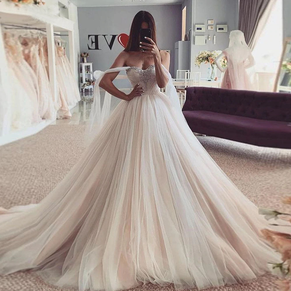 Charming Tulle Off the Shoulder Ball Gowns Wedding Dress With Beading OKV63