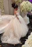 Princess Ball Gown Long Sleeves Tulle Long Flower Girl Dresses with Lace Appliques OKB98
